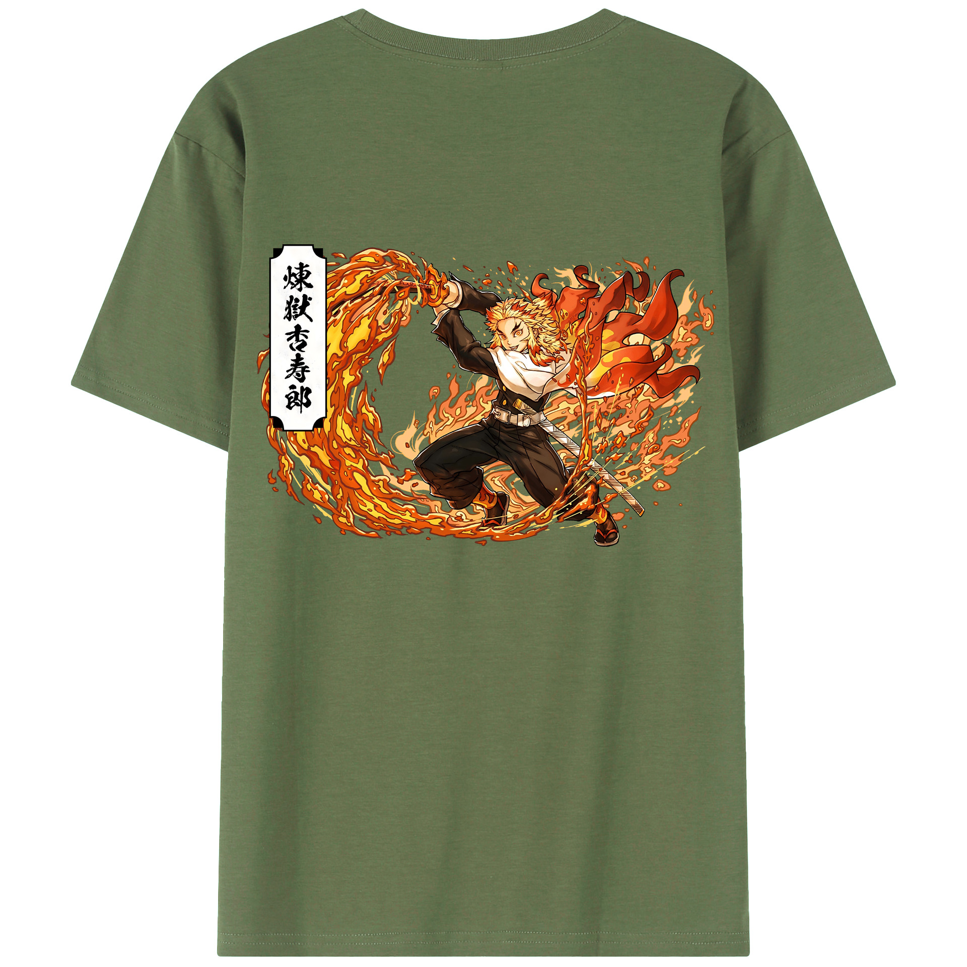（画像用） 鬼滅の刃（きめつのやいば）炎柱-煉󠄁獄 杏寿郎／れんごく きょうじゅろう Rengoku Kyoujurou 綿100％ メンズ半袖Tシャツ（バックプリント） 通気性